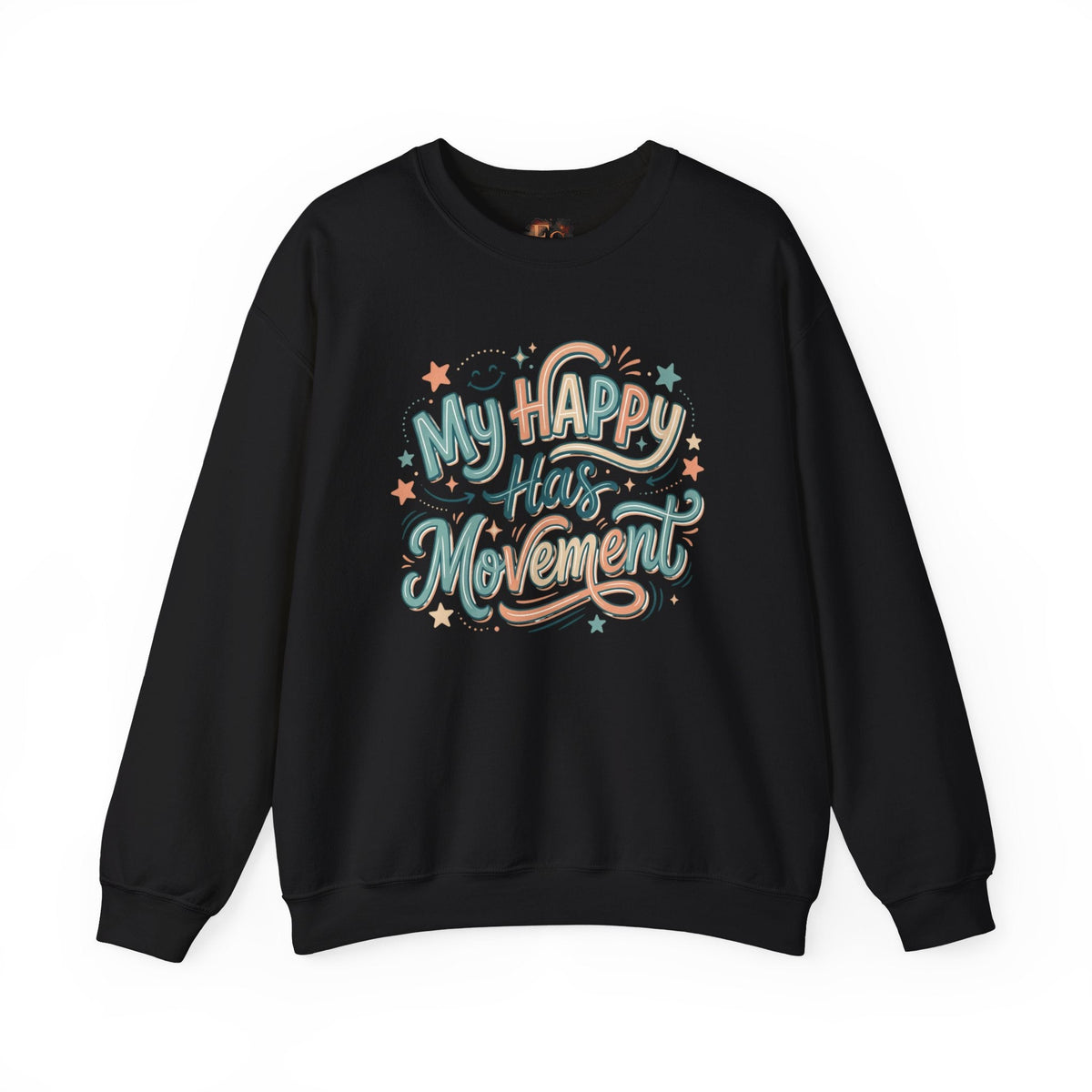 Crewneck Sweatshirt — "My Happy Has Movement" Pastel Retro Script with Cute Coffee Cat Back Graphic - Estrella & The Stars
