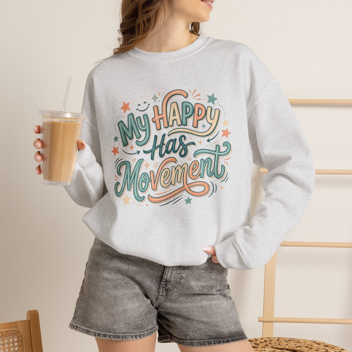 Crewneck Sweatshirt — "My Happy Has Movement" Pastel Retro Script with Cute Coffee Cat Back Graphic - Estrella & The Stars