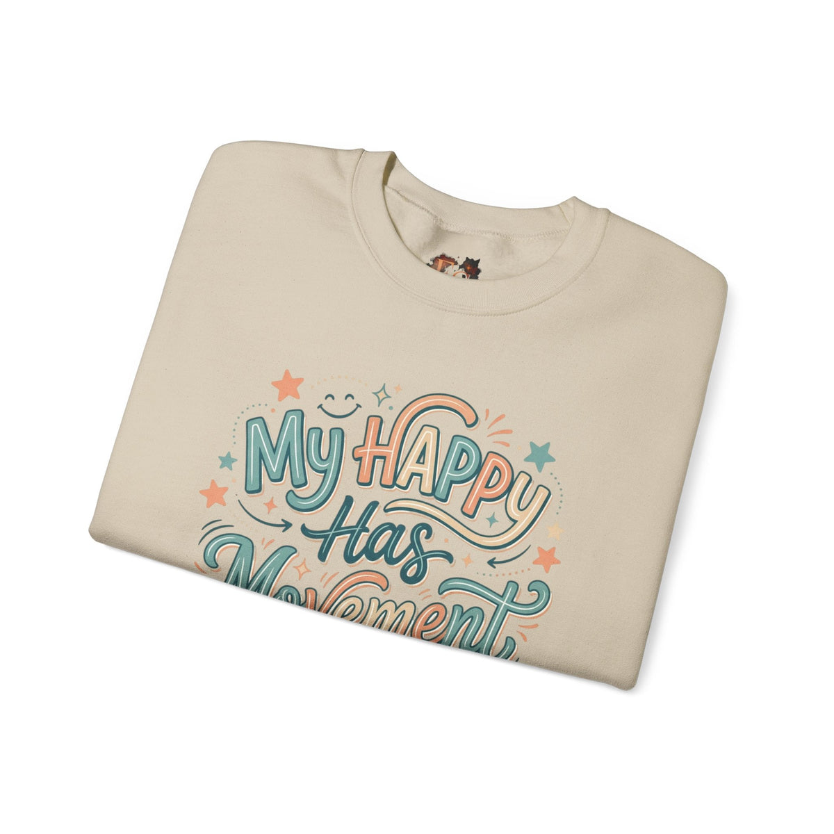 Crewneck Sweatshirt — "My Happy Has Movement" Pastel Retro Script with Cute Coffee Cat Back Graphic - Estrella & The Stars