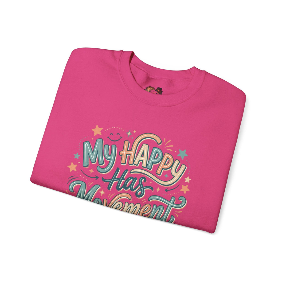 Crewneck Sweatshirt — "My Happy Has Movement" Pastel Retro Script with Cute Coffee Cat Back Graphic - Estrella & The Stars