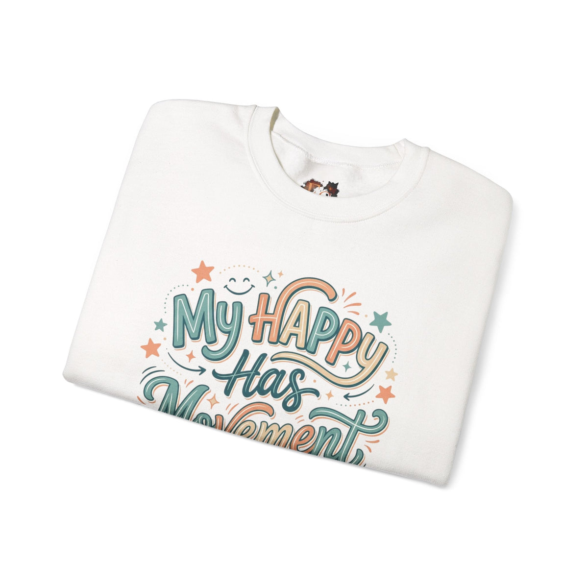 Crewneck Sweatshirt — "My Happy Has Movement" Pastel Retro Script with Cute Coffee Cat Back Graphic - Estrella & The Stars