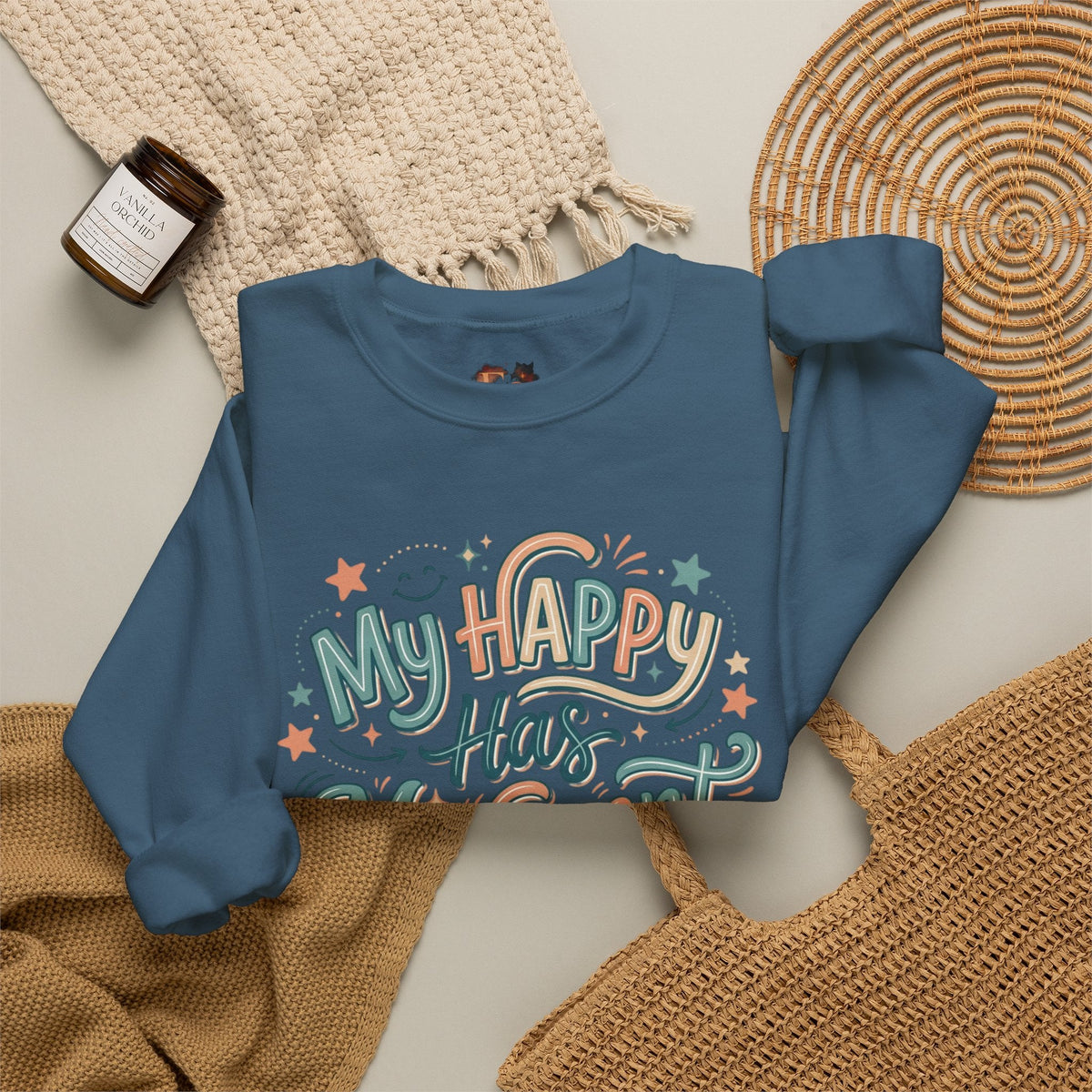 Crewneck Sweatshirt — "My Happy Has Movement" Pastel Retro Script with Cute Coffee Cat Back Graphic - Estrella & The Stars