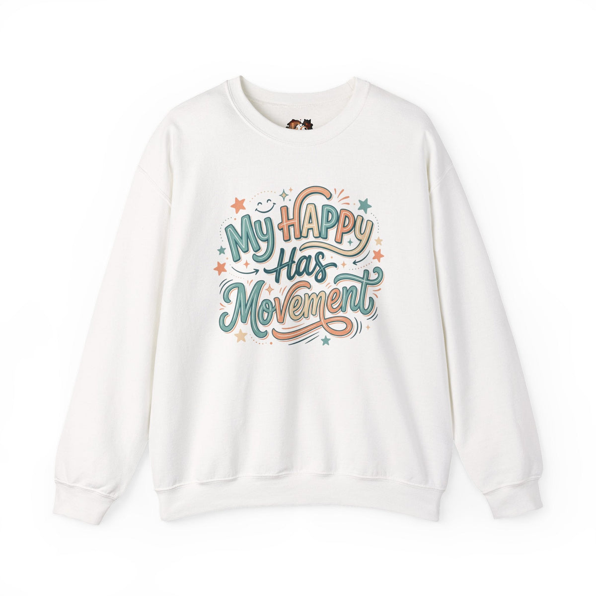 Crewneck Sweatshirt — "My Happy Has Movement" Pastel Retro Script with Cute Coffee Cat Back Graphic - Estrella & The Stars