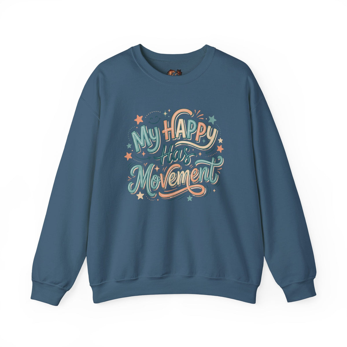 Crewneck Sweatshirt — "My Happy Has Movement" Pastel Retro Script with Cute Coffee Cat Back Graphic - Estrella & The Stars