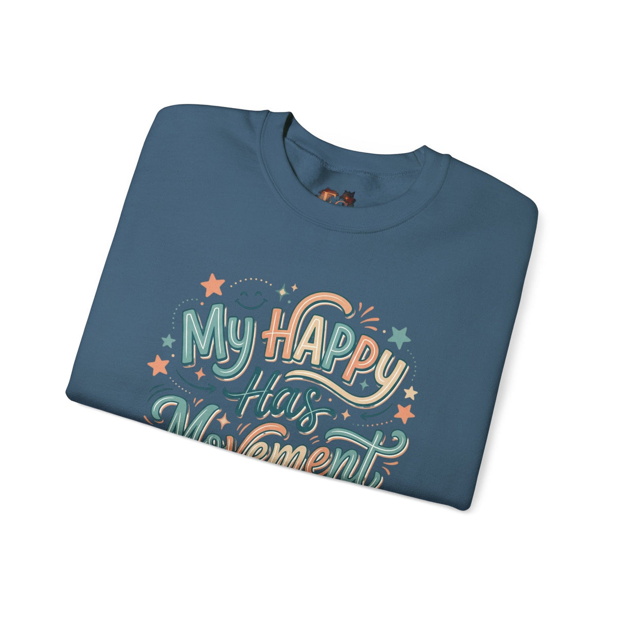 Crewneck Sweatshirt — "My Happy Has Movement" Pastel Retro Script with Cute Coffee Cat Back Graphic - Estrella & The Stars