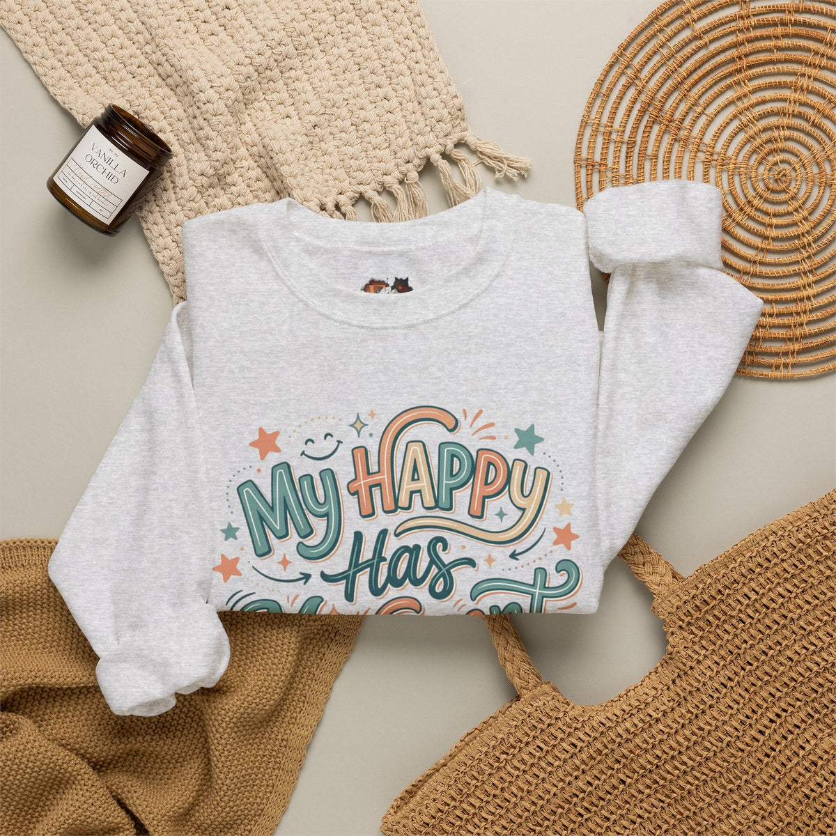 Crewneck Sweatshirt — "My Happy Has Movement" Pastel Retro Script with Cute Coffee Cat Back Graphic - Estrella & The Stars