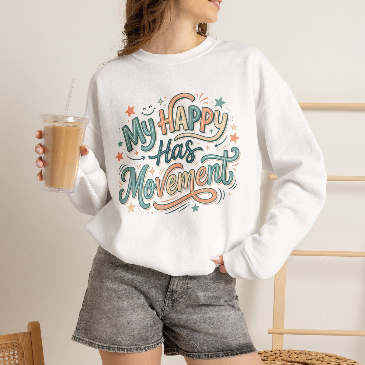 Crewneck Sweatshirt — "My Happy Has Movement" Pastel Retro Script with Cute Coffee Cat Back Graphic - Estrella & The Stars