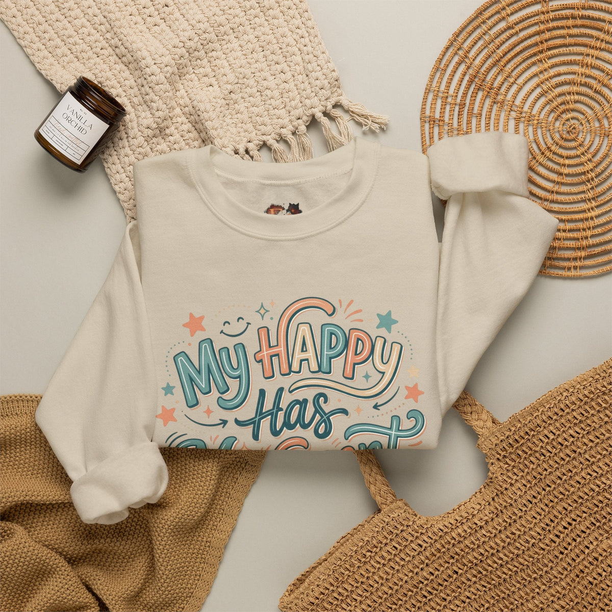 Crewneck Sweatshirt — "My Happy Has Movement" Pastel Retro Script with Cute Coffee Cat Back Graphic - Estrella & The Stars