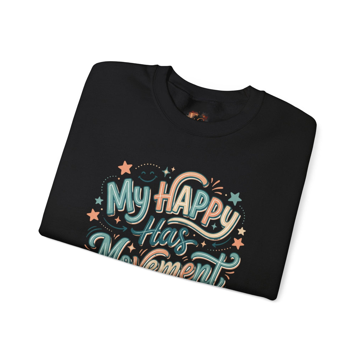 Crewneck Sweatshirt — "My Happy Has Movement" Pastel Retro Script with Cute Coffee Cat Back Graphic - Estrella & The Stars