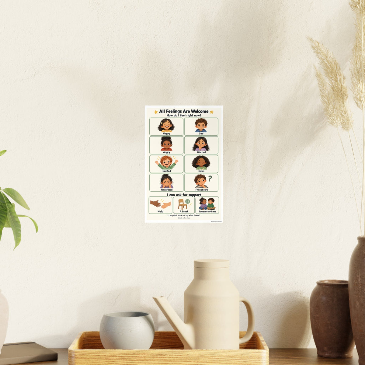 Emotions Chart Poster – 'All Feelings Are Welcome' Classroom/Child Therapy Photo Art - Estrella & The Stars