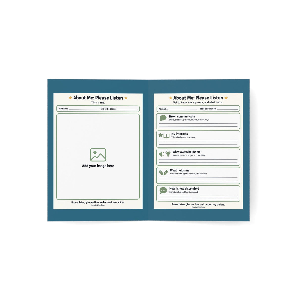 Greeting Card — “About Me: Please Listen” Kids Self-Advocacy Card (Pack of 1/10/30/50) - Estrella & The Stars