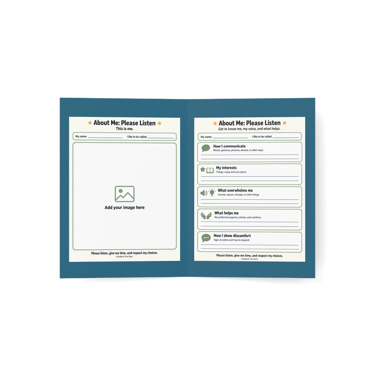 Greeting Card — “About Me: Please Listen” Kids Self-Advocacy Card (Pack of 1/10/30/50) - Estrella & The Stars