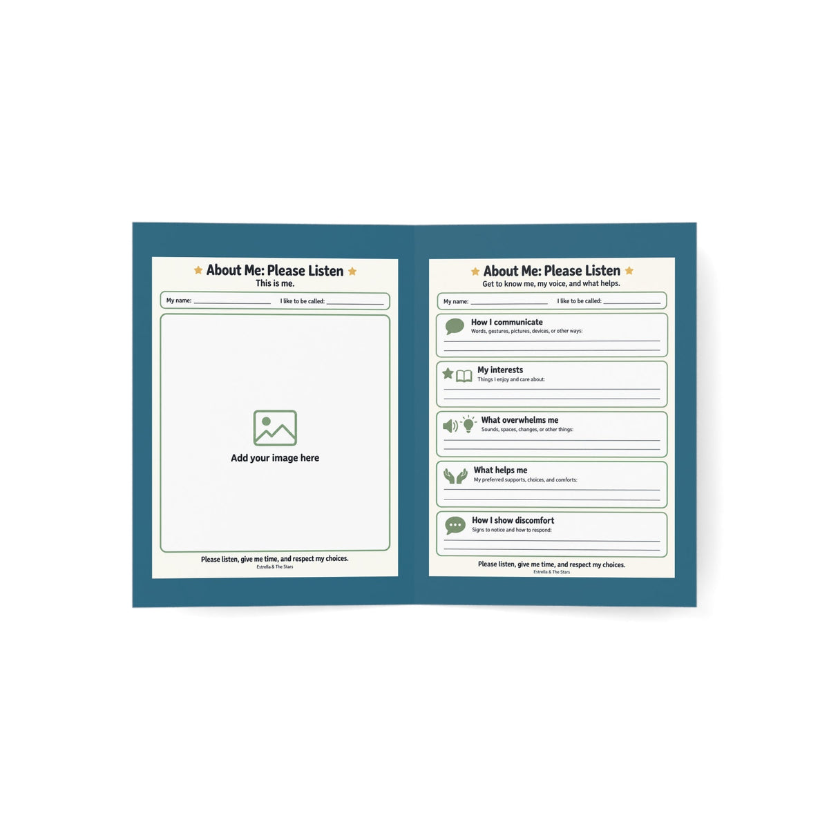 Greeting Card — “About Me: Please Listen” Kids Self-Advocacy Card (Pack of 1/10/30/50) - Estrella & The Stars