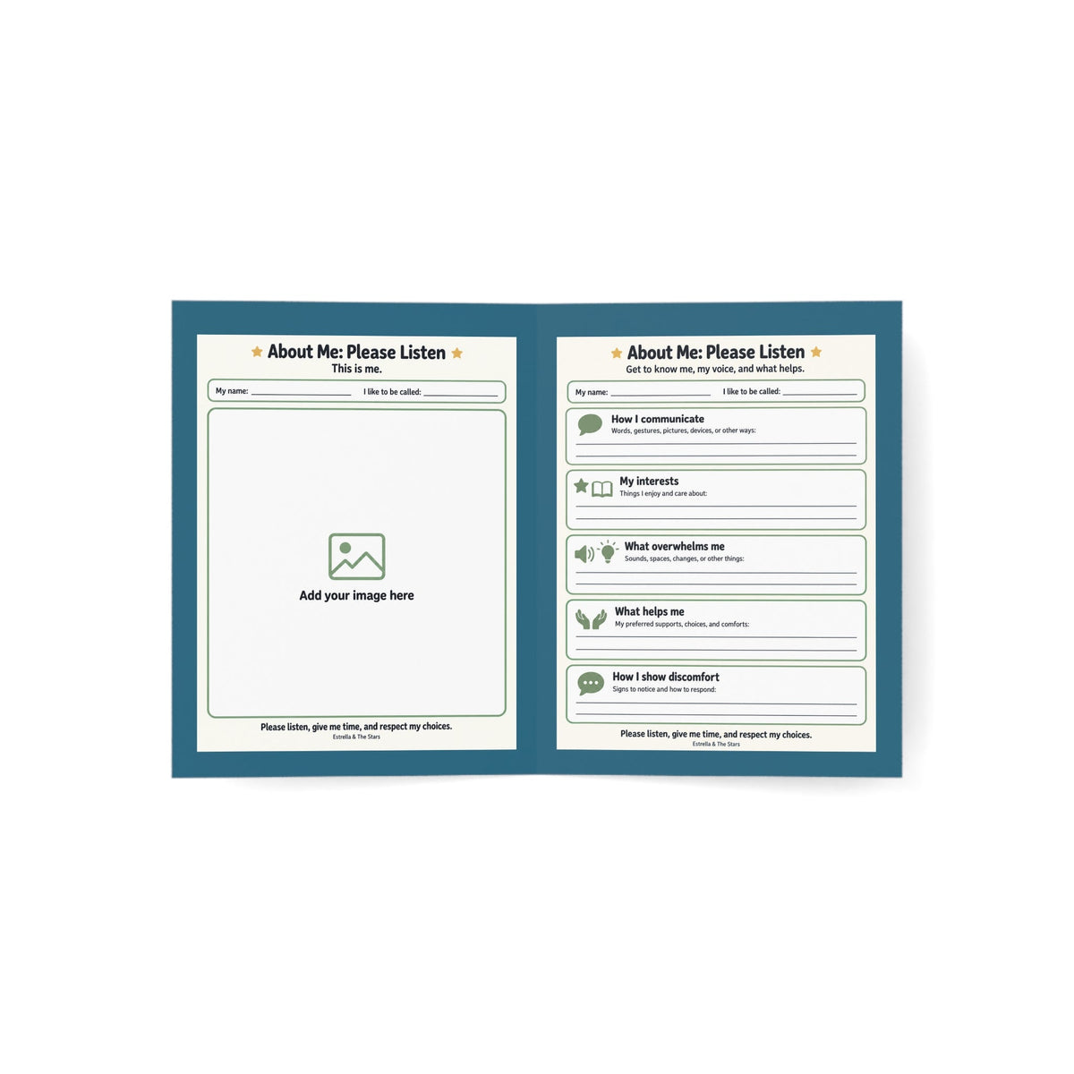 Greeting Card — “About Me: Please Listen” Kids Self-Advocacy Card (Pack of 1/10/30/50) - Estrella & The Stars