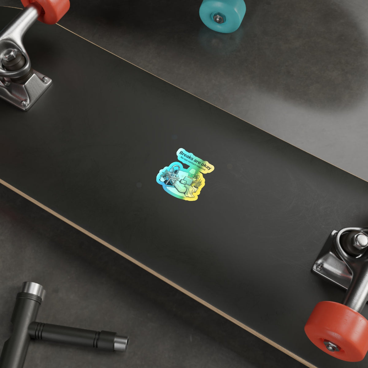 Holographic Die-Cut Sticker — "Breaks Are Okay: No Eye Contact Required" Comfort Room Design - Estrella & The Stars
