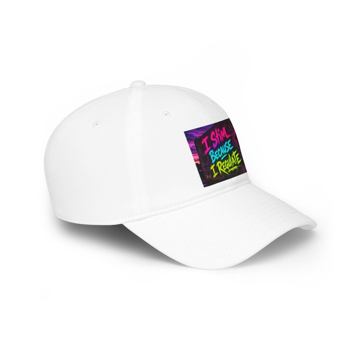 Low Profile Baseball Cap — “I Stim Because I Regulate” Retro Neon Mental Health Hat - Estrella & The Stars