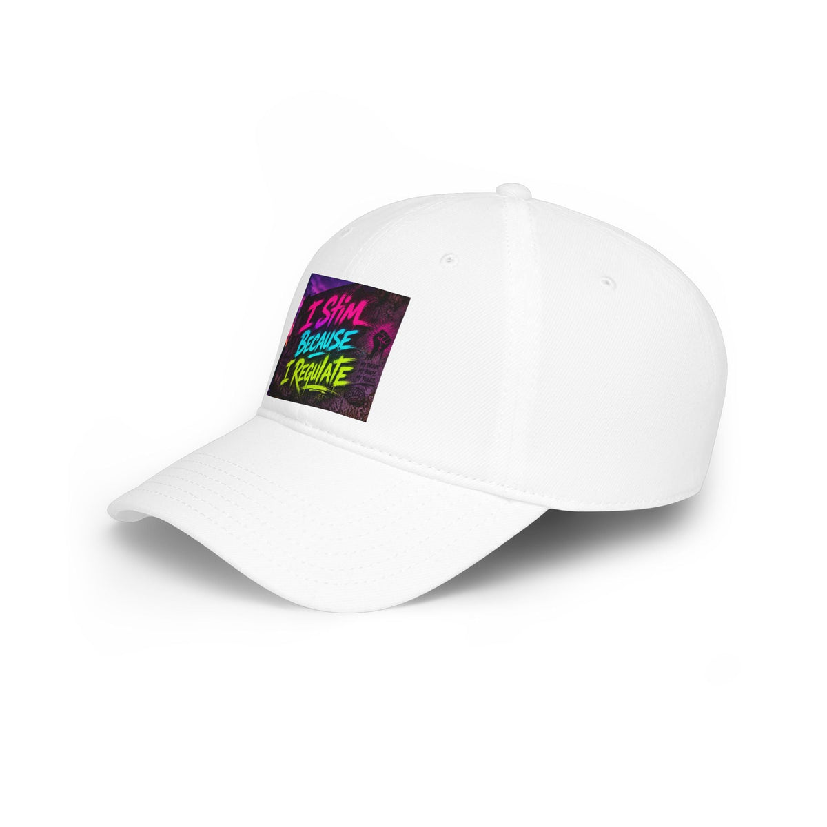 Low Profile Baseball Cap — “I Stim Because I Regulate” Retro Neon Mental Health Hat - Estrella & The Stars