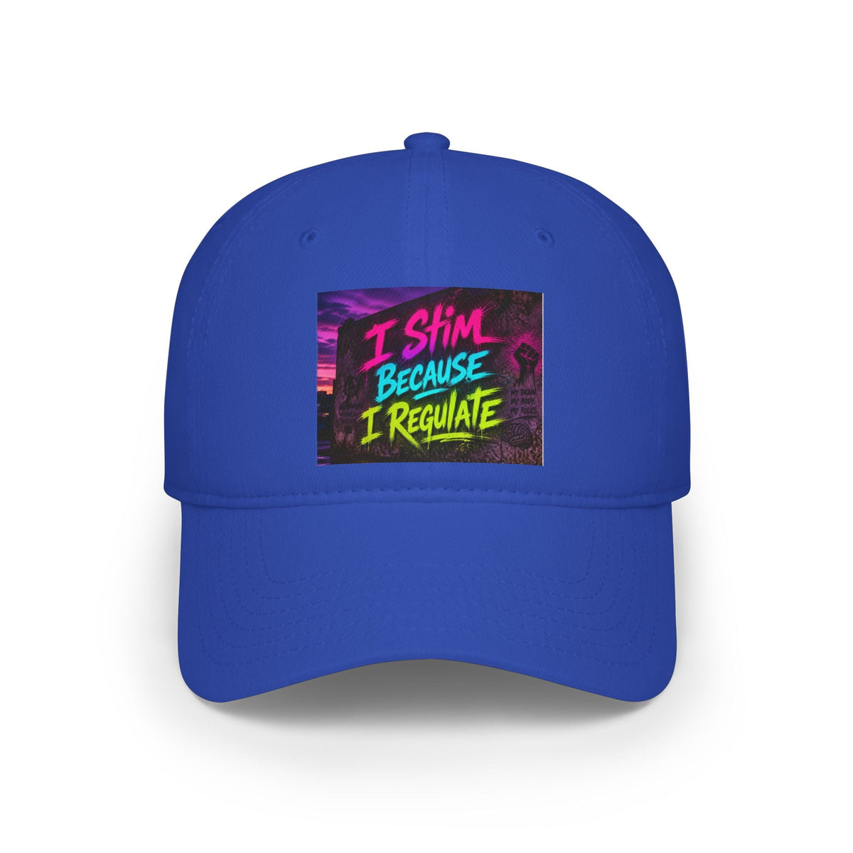 Low Profile Baseball Cap — “I Stim Because I Regulate” Retro Neon Mental Health Hat - Estrella & The Stars