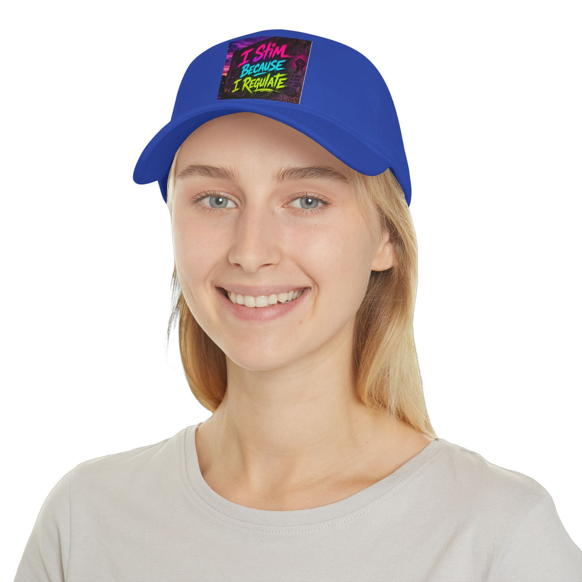 Low Profile Baseball Cap — “I Stim Because I Regulate” Retro Neon Mental Health Hat - Estrella & The Stars