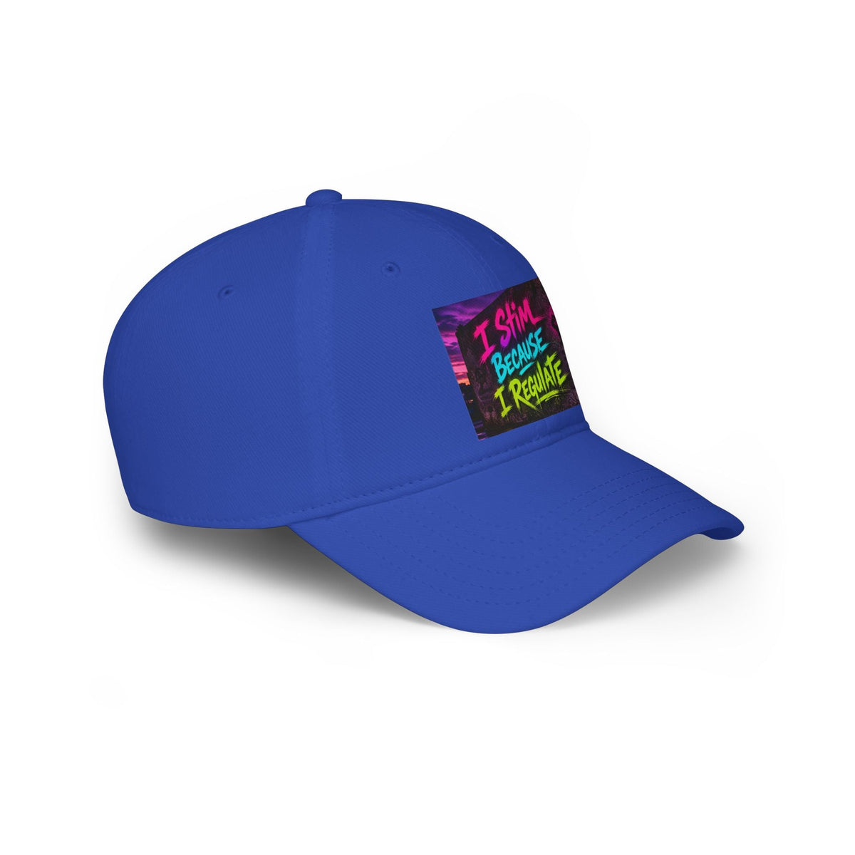 Low Profile Baseball Cap — “I Stim Because I Regulate” Retro Neon Mental Health Hat - Estrella & The Stars