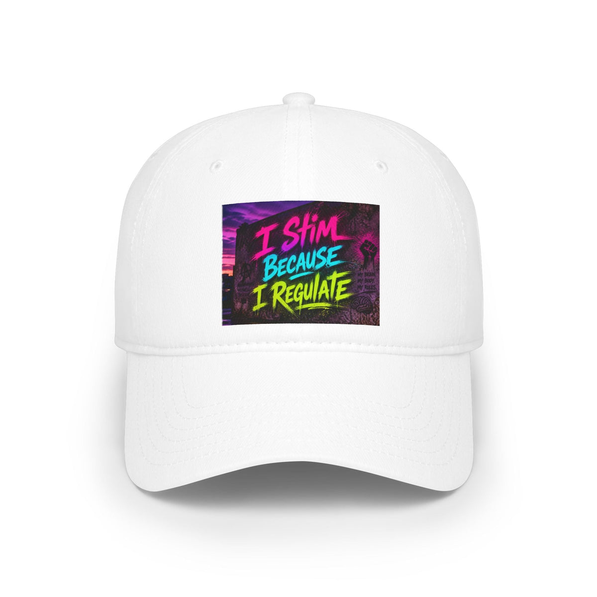 Low Profile Baseball Cap — “I Stim Because I Regulate” Retro Neon Mental Health Hat - Estrella & The Stars