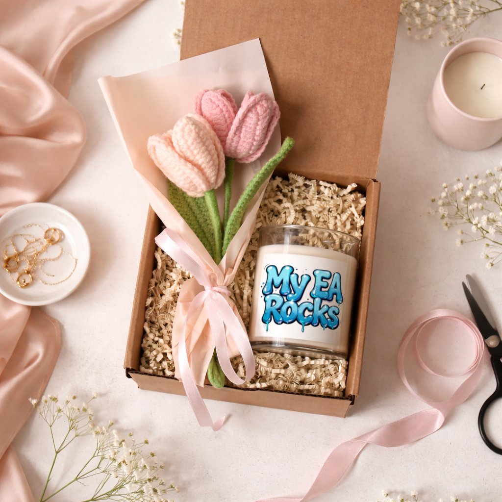 Educational Assistant Rocks Gift Set – Candle & Crochet Flower Bouquet - Estrella & The Stars