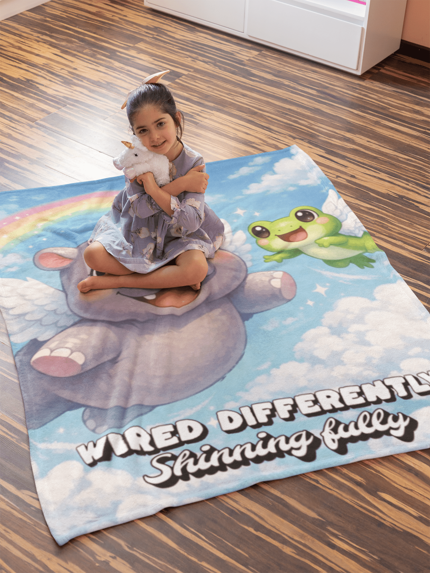 Velveteen Plush Blanket — 'Wired Differently, Shining Fully' Cute Winged Hippo & Frog Rainbow Throw - Estrella & The Stars