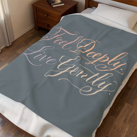 Velveteen Plush Blanket — "Feel Deeply, Live Gently" Inspirational Throw - Estrella & The Stars