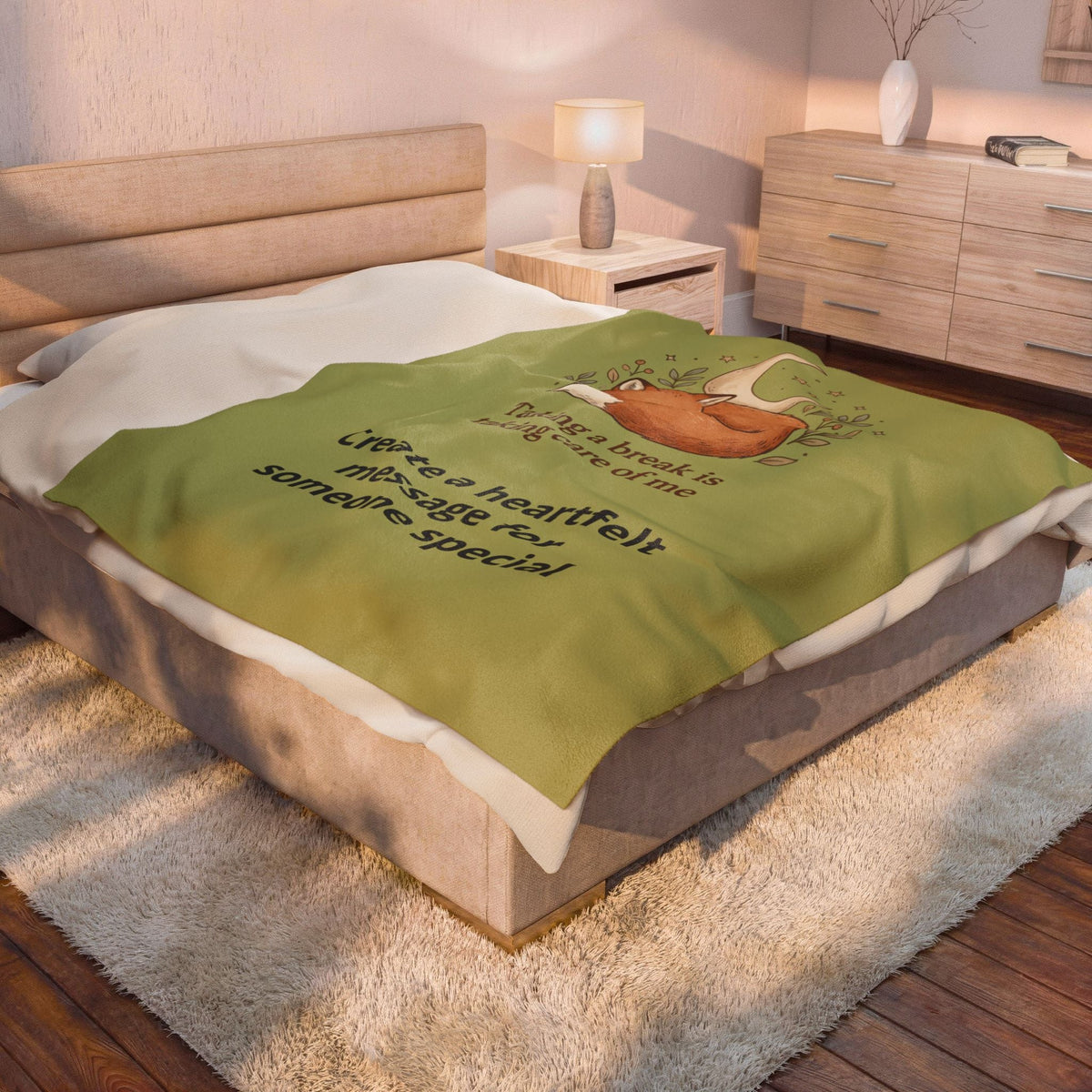 Velveteen Plush Blanket — 'Taking a break is taking care of me' Fox Cozy Throw - Estrella & The Stars