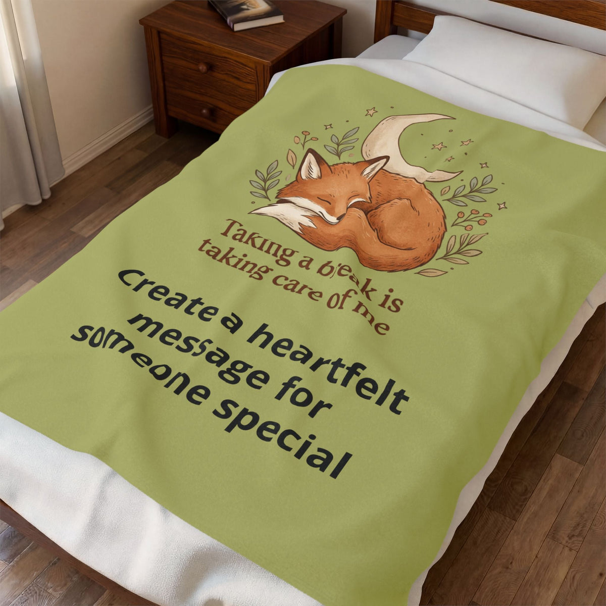 Velveteen Plush Blanket — 'Taking a break is taking care of me' Fox Cozy Throw - Estrella & The Stars