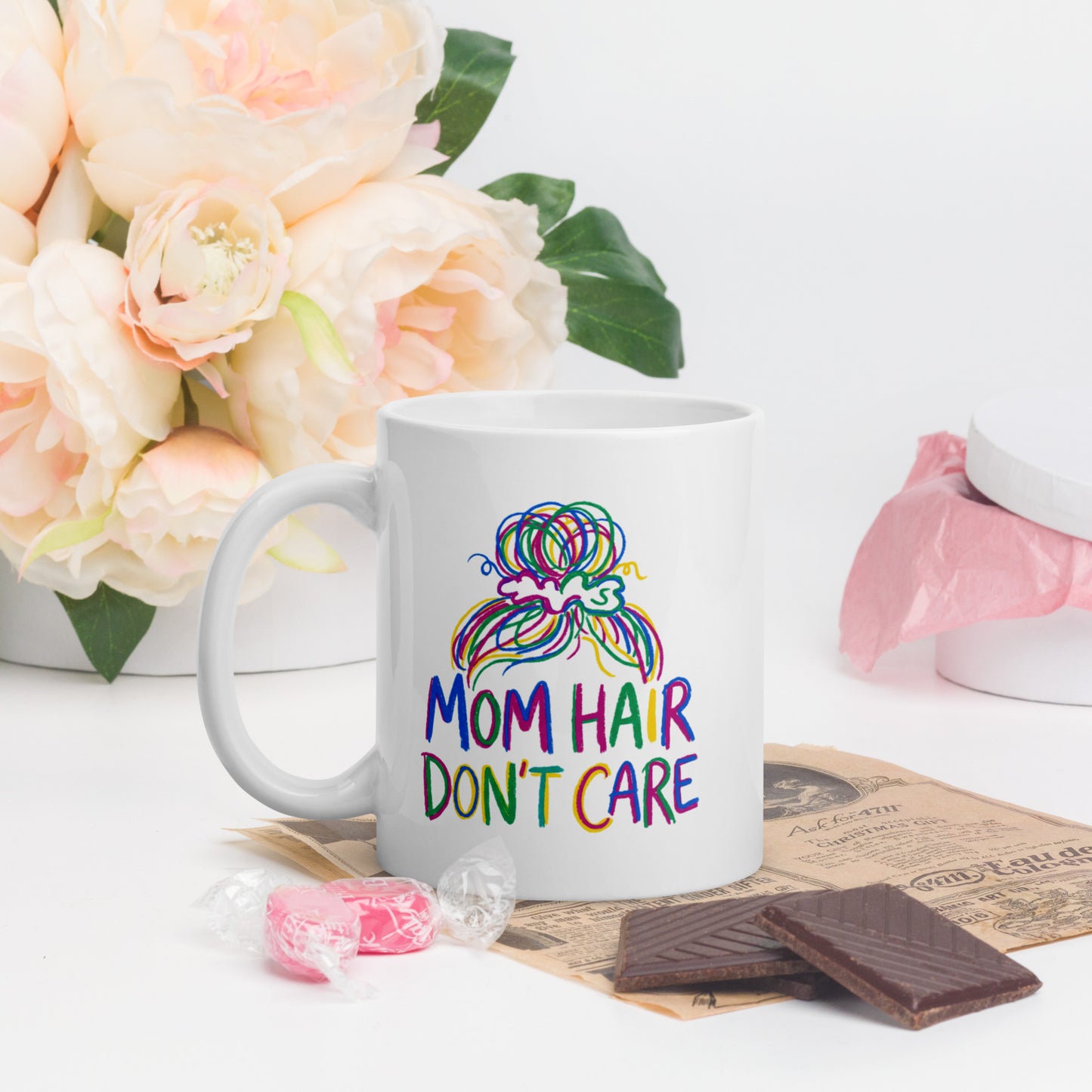 Mom Hair Don't Care Funny Mom Mug – Messy Bun Mom Life Coffee Cup – Cute Mother's Day Gift for Moms - Estrella & The Stars