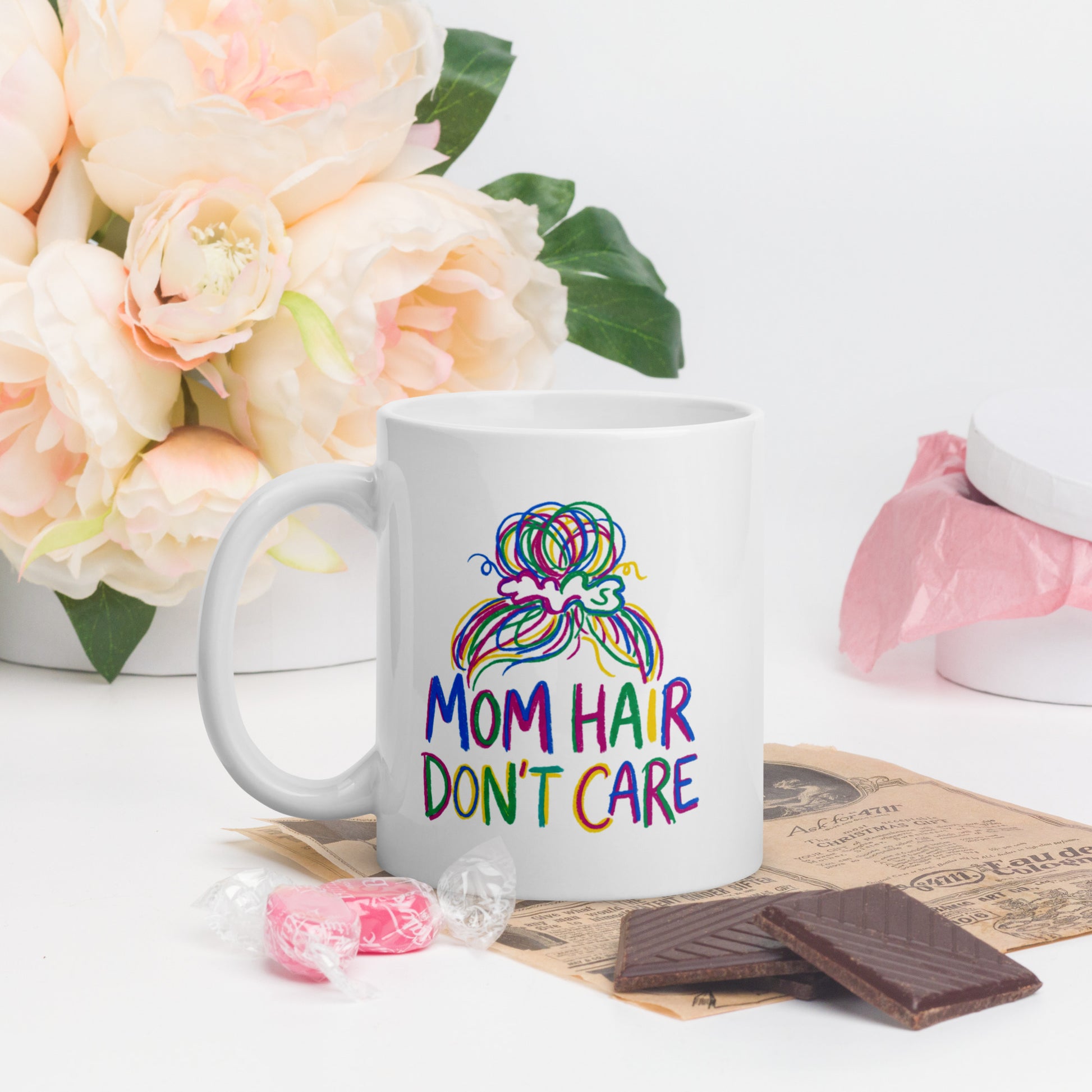 Mom Hair Don't Care Funny Mom Mug – Messy Bun Mom Life Coffee Cup – Cute Mother's Day Gift for Moms - Estrella & The Stars